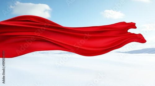 A vibrant red scarf blowing in the wind on a snowy landscape, evoking a sense of movement and artistic color contrast