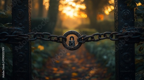 Locked gate at dawn, autumn park path photo