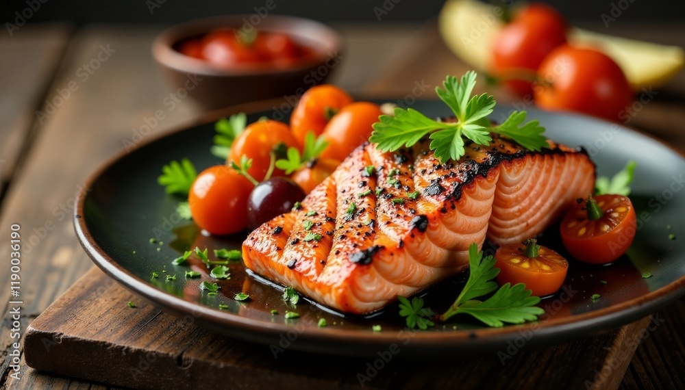 Grilled red salmon steak with roasted vegetables on a rustic wooden table, rustic table, wooden planks, earthy tones Grilled red salmon steak with roasted vegetables on a rustic wooden table, rustic table, wooden planks, earthy tones
