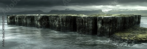 Mysterious Cliff Formation by the Sea with Misty Mountains and Cloudy Sky.