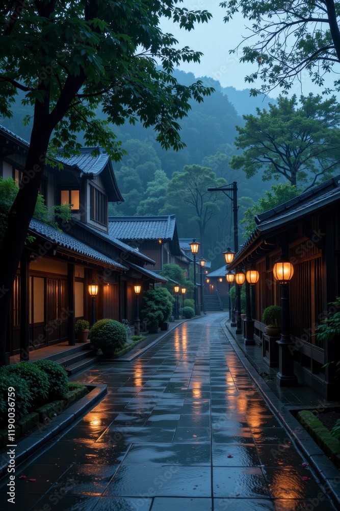 Serene Rainy Night in a Traditional Japanese Village Street with Illuminated Lanterns Serene Rainy Night in a Traditional Japanese Village Street with Illuminated Lanterns