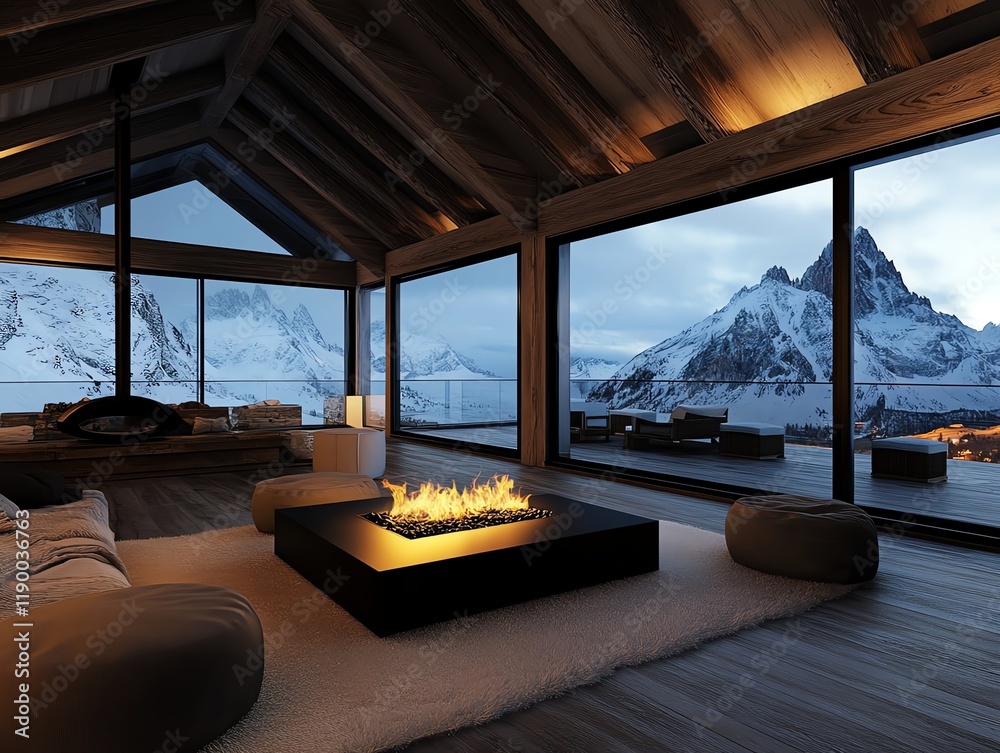 Fototapeta premium Cozy cabin interior with a roaring fireplace, rustic wooden furniture, and a snowy mountain visible through large glass windows