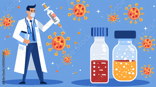 Doctor With Vaccine On Pale Blue Background