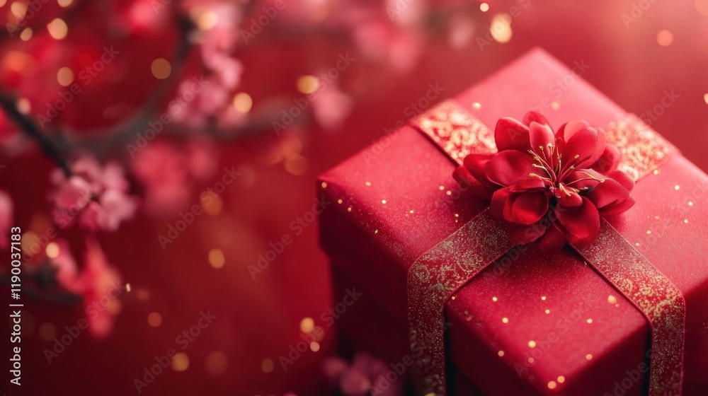 A beautifully wrapped red gift box adorned with a flower, set against a festive background. A beautifully wrapped red gift box adorned with a flower, set against a festive background.