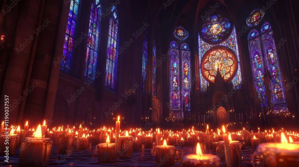 Fototapeta premium Candles illuminate a Gothic cathedral