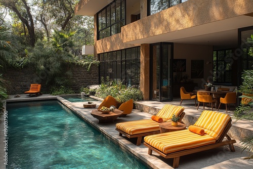 Wooden garden furniture set with striped orange and yellow chairs around outdoor table by swimming pool, natural daylight highlighting details like sunshades and flowers. photo