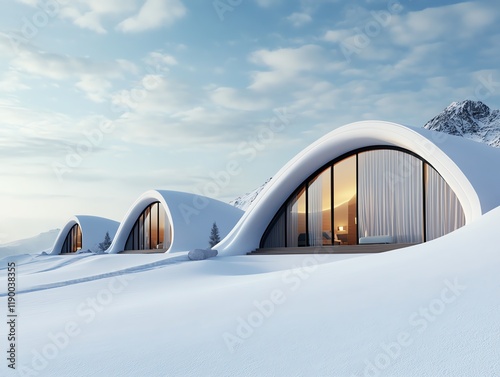 Iglooshaped hotel rooms, unique architecture on snowy mountain, 3D illustration photo