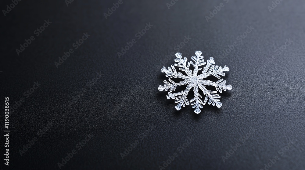 Fototapeta premium Lone snowflake resting on a smooth black surface, macro shot highlighting its delicate and intricate structure