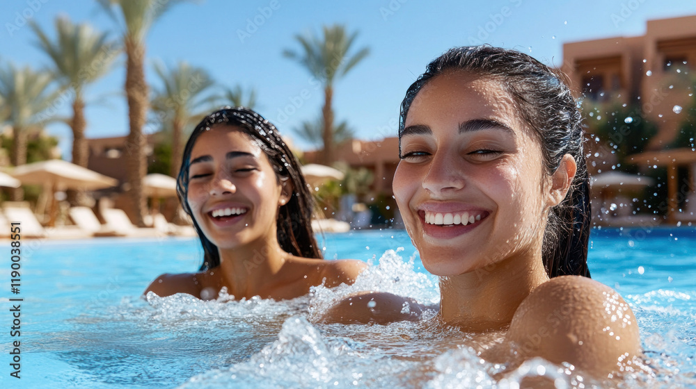 Arabian woman and her friend swimming in a luxury tropical resort pool Arabian woman and her friend swimming in a luxury tropical resort pool