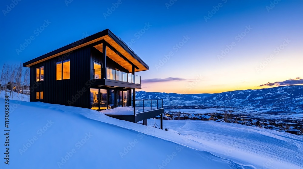 Luxurious skiin, skiout chalet perched on a hill, with skiers passing by and panoramic views of a snowy mountain backdrop Luxurious skiin, skiout chalet perched on a hill, with skiers passing by and panoramic views of a snowy mountain backdrop