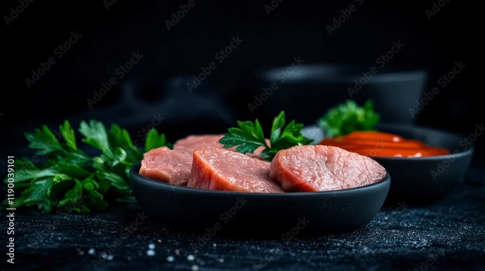 Raw Meat Slices  Ketchup  Parsley   Gourmet Food Photography