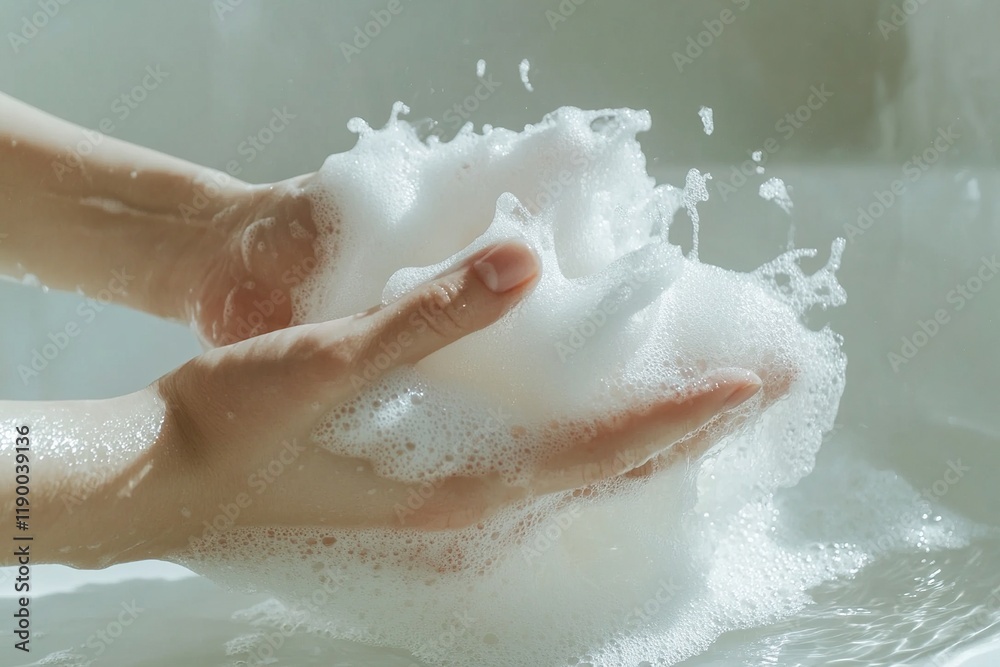 Fototapeta premium Hands Gently Cradle Luxurious, Abundant Bath Foam in Relaxing Soak