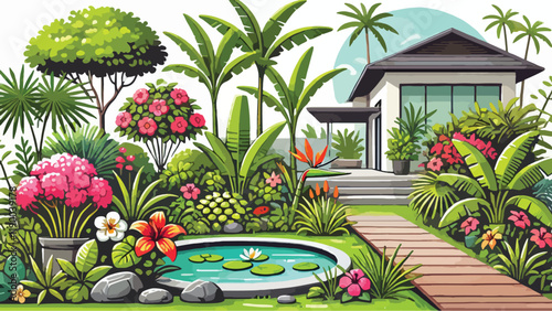 A lush tropical front garden with vibrant greenery, palm trees, banana plants, and colorful flowers like hibiscus and bougainvillea, complemented by a small koi pond and a wooden walkway.