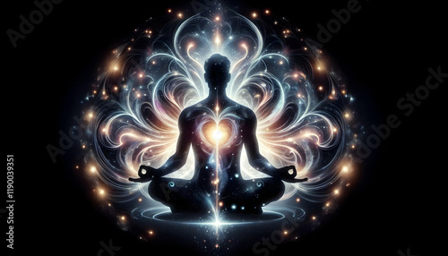 Vibration A silhouette of a person sitting in a meditative pose with hands in a mudra Light pours from the hea2