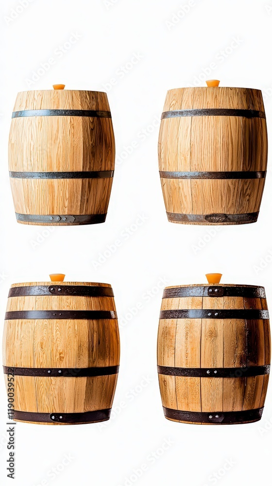 Obraz premium Wooden Barrels Set Oak Wine Casks Rustic Vintage Isolated