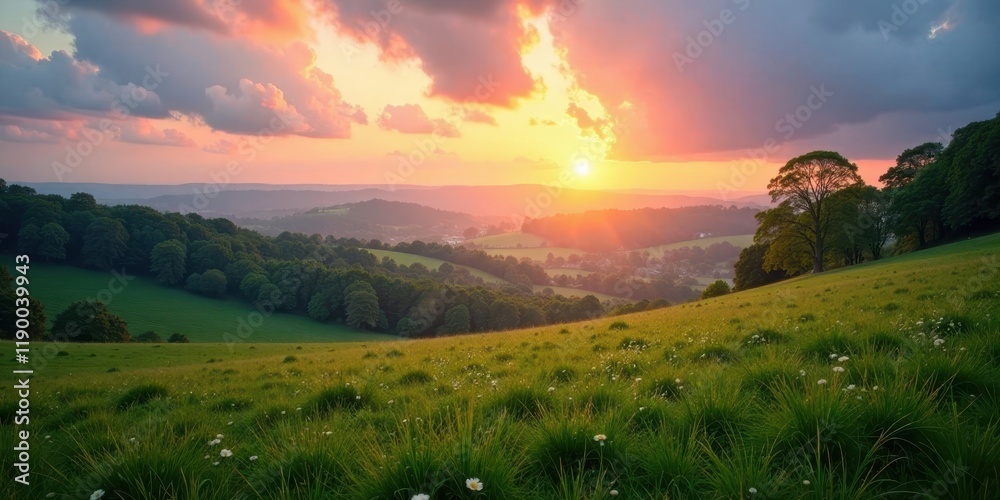 Obraz premium Serene Sunset Over Rolling Hills and Lush Green Meadows with Wildflowers