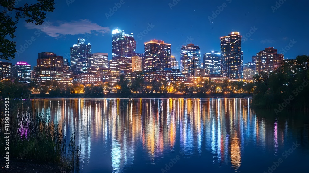 Fototapeta premium Nighttime cityscape reflecting on water, showcasing vibrant urban lights.