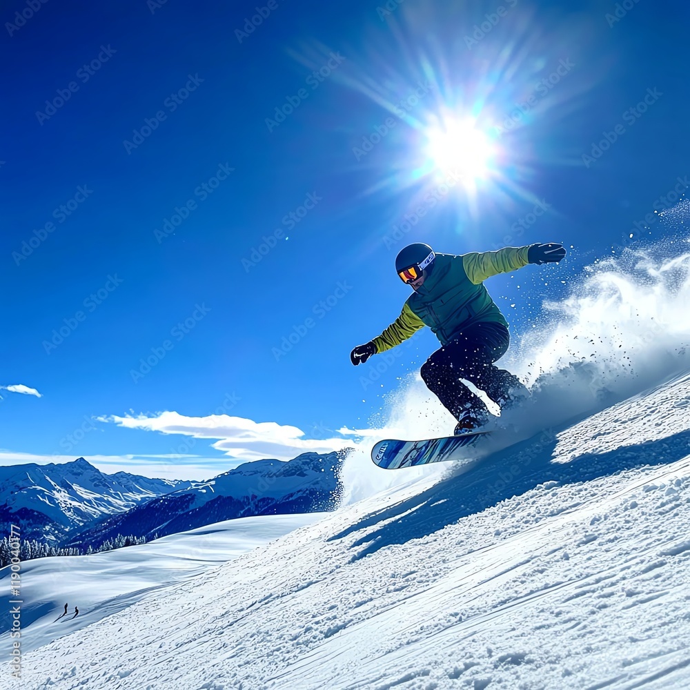 Snowboarder catching air during a trick, with powder spraying and stunning snowy peaks in the distance, actionpacked winter scene Snowboarder catching air during a trick, with powder spraying and stunning snowy peaks in the distance, actionpacked winter scene