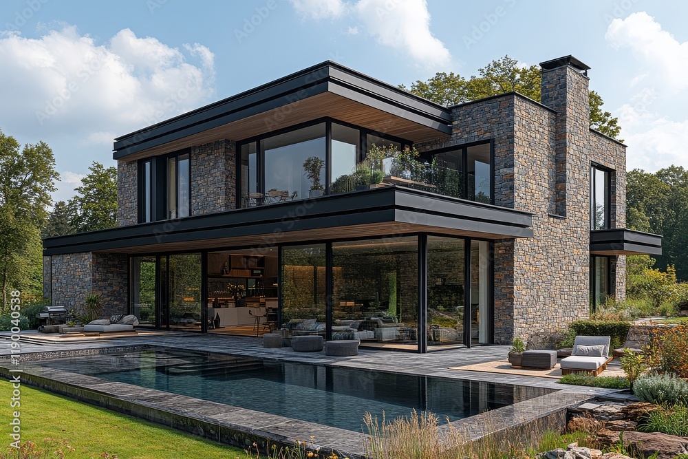 Modern family house in Cady with large pool, beautiful garden, stone walls, and green grass. Clear blue sky and stunning outdoor setting. Modern family house in Cady with large pool, beautiful garden, stone walls, and green grass. Clear blue sky and stunning outdoor setting.