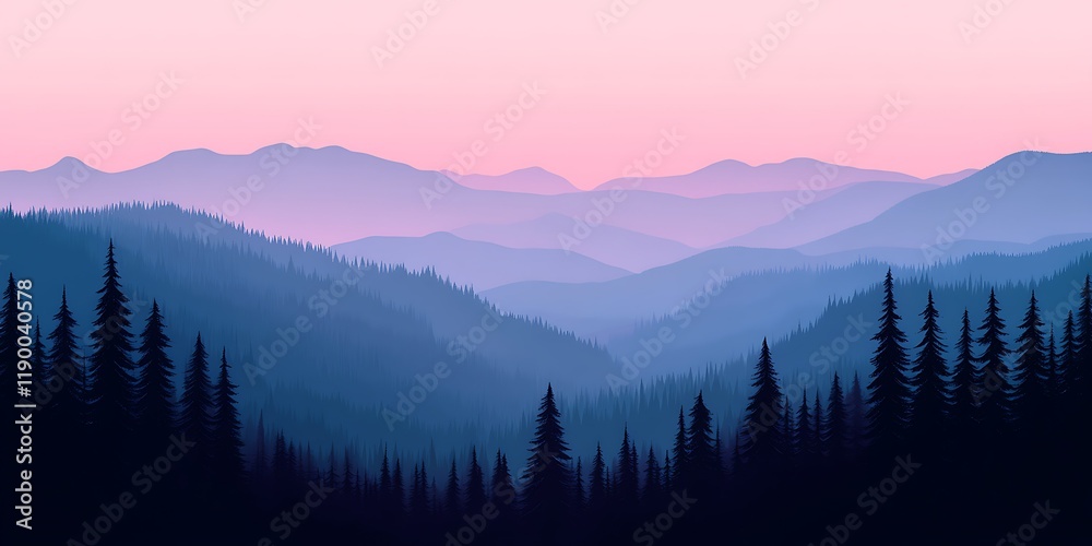 Obraz premium Pink sunset over layered mountains, silhouetted trees. Wallpaper, postcard