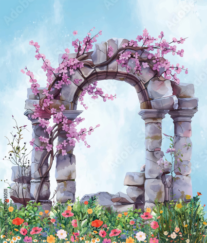 Traditional Mughal forest, garden, arch, peacock, bird illustration. vector mural plant wallpaper Rajasthan