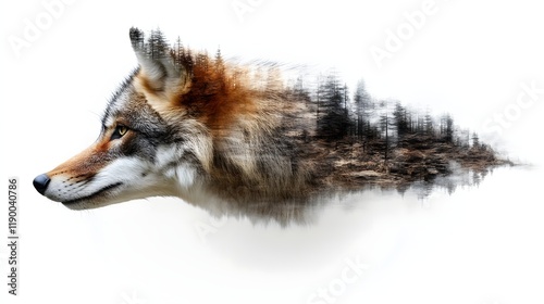 Double exposure of coyote head and forest. photo