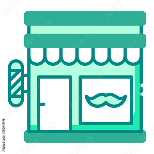 Barbershop storefront green filled line icon symbolizing barber shop exteriors and services photo