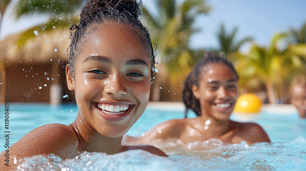 African woman and her friend swimming in a luxury tropical resort pool African woman and her friend swimming in a luxury tropical resort pool