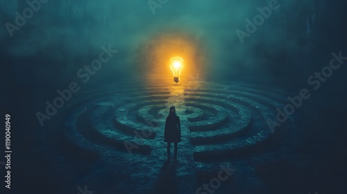 Conceptual Image of a Person Standing in a Foggy Labyrinth with a Glowing Lightbulb in the Center, Representing Innovation, Discovery, and Enlightenment
