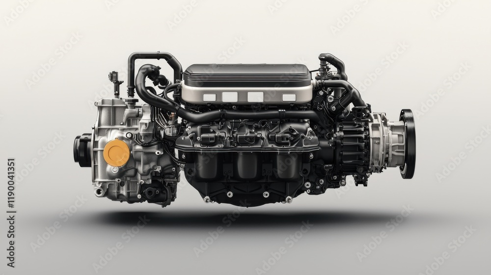 Mechanics repair to improve engine efficiency. Engine showcased in a clean, modern design against a neutral background. Mechanics repair to improve engine efficiency. Engine showcased in a clean, modern design against a neutral background.