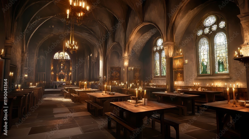 Medieval hall with candlelit tables Medieval hall with candlelit tables
