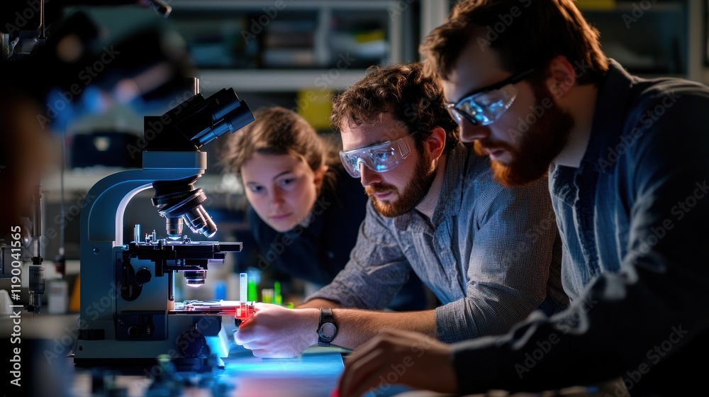Teamwork in Scientific Research: Scientists Collaborate on Microscope Experiment Teamwork in Scientific Research: Scientists Collaborate on Microscope Experiment