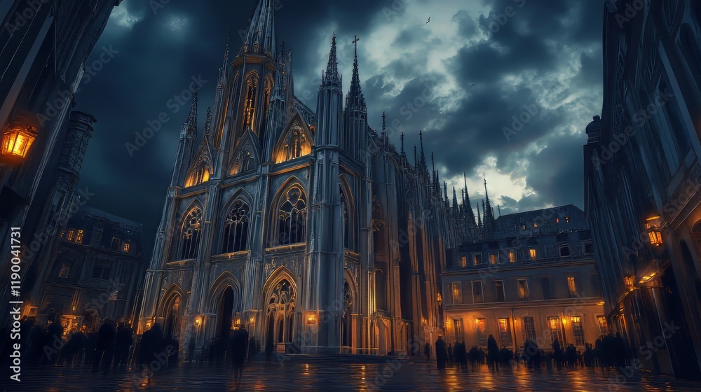 Fototapeta premium Gothic cathedral at night, city square