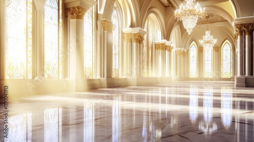 Grand Hall with Sunlight Streaming Through Windows