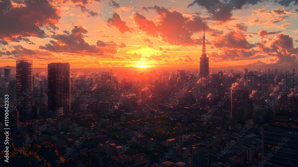 Fototapeta premium Stunning sunset over a vibrant city skyline with towering structures and clouds.