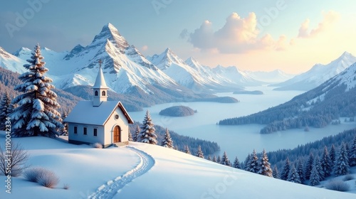 Serene Winter Chapel nestled on a snow-covered hillside overlooking a tranquil mountain lake and majestic snow-capped peaks at sunrise photo