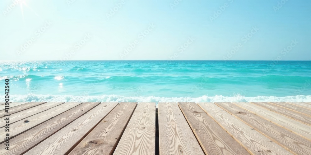 Ocean Waves Crashing Gently on a Sunny Day Against a Wooden Deck Ocean Waves Crashing Gently on a Sunny Day Against a Wooden Deck