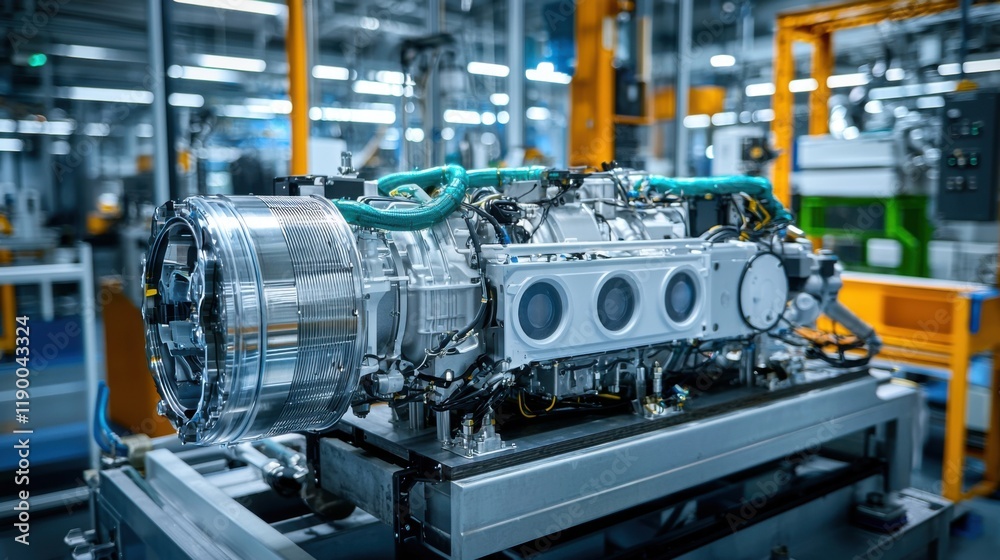 Mechanics repair to improve engine efficiency. High-tech engine displayed in a modern manufacturing facility. Mechanics repair to improve engine efficiency. High-tech engine displayed in a modern manufacturing facility.