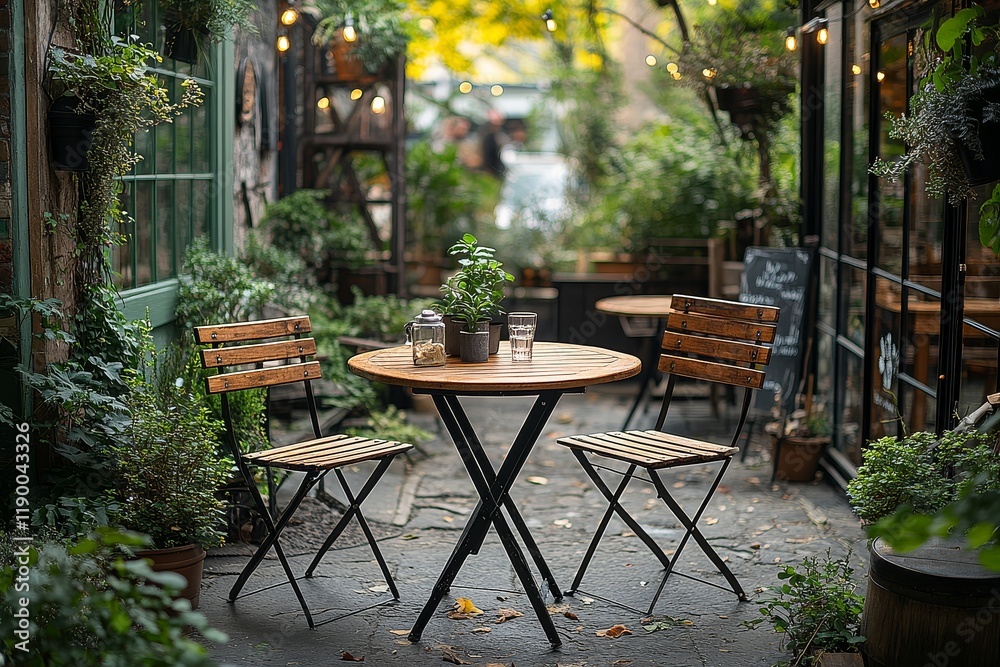 Outdoor rustic style cafe with round table and metal wood chairs in garden setting. Cozy garden furniture for relaxing and dining. Outdoor rustic style cafe with round table and metal wood chairs in garden setting. Cozy garden furniture for relaxing and dining.
