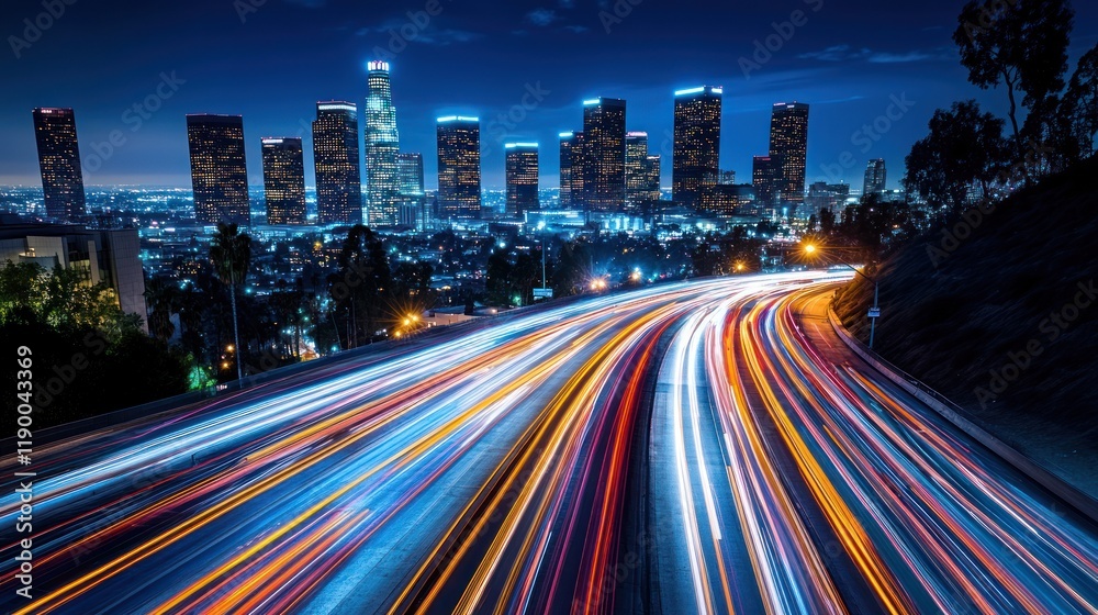 Fototapeta premium Night Lights of Los Angeles: Cityscape, Freeway, and Lights