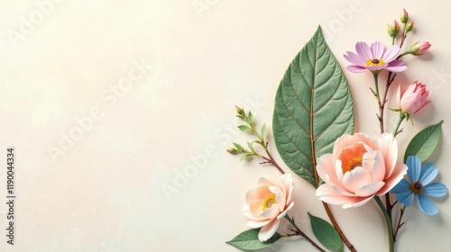Delicate floral arrangement with pastel blossoms and lush green leaf against a soft, textured background.