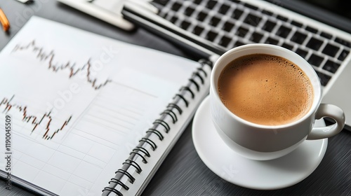 Creative Flat Lay of Desktop Workspace with Coffee Cup, Notebook, and Laptop, Ideal for Business and Productivity Themes photo