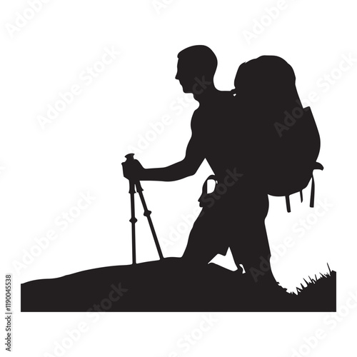 Hiking man Silhouettes. hiker with rucksacks and backpack silhouette.