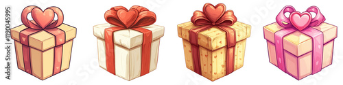 Colorful Cartoon Gift Boxes in Vector Style with Stitched Details for Creative Projects and Design Purposes