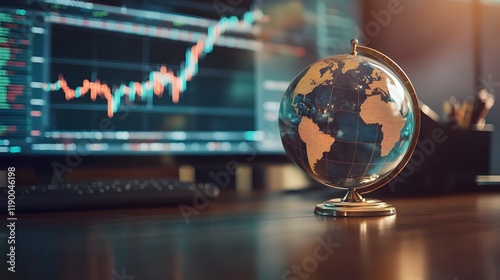 Elegant Crystal Globe Positioned on a Polished Wooden Desk in a Modern Workspace with Stock Market Graphs in the Background