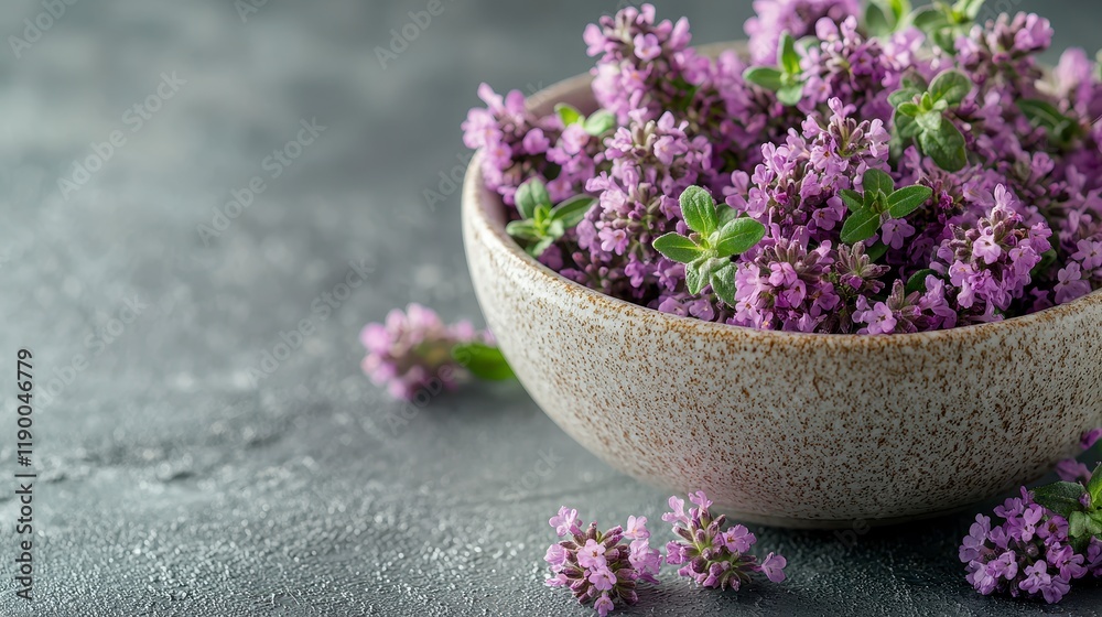 Bowl of fresh thyme blossoms on a gray surface. Bowl of fresh thyme blossoms on a gray surface.