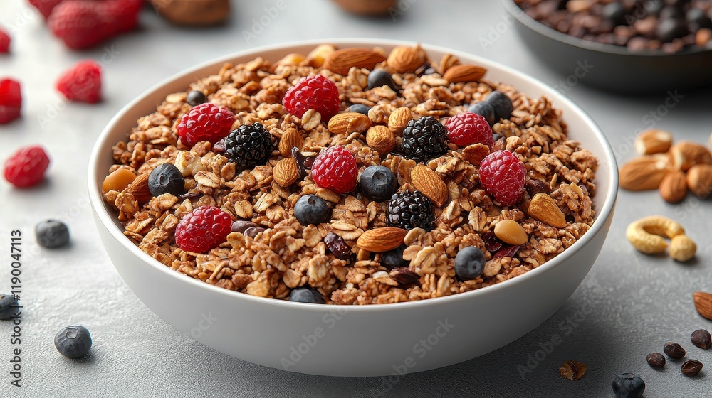 Bowl of granola with berries and nuts. Bowl of granola with berries and nuts.
