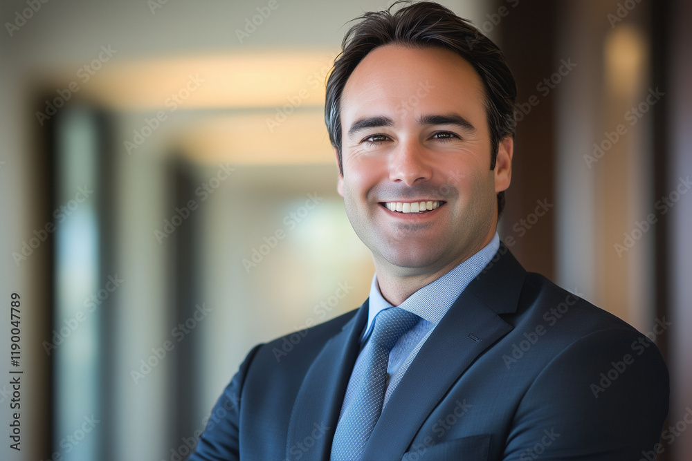 Professional portrait of a confident CEO smiling in business attire with a modern office background
Professional portrait of a confident CEO smiling in business attire with a modern office background