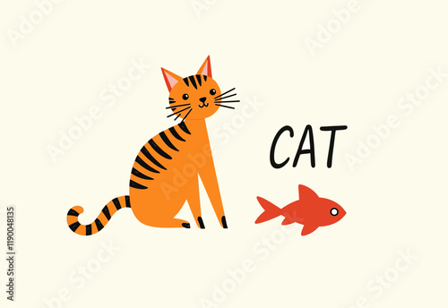 スカンジナビア極簡スタイルのオレンジ色の猫と黒い縞、CAT文字と太字の魚、薄いベージュ背景のイラスト