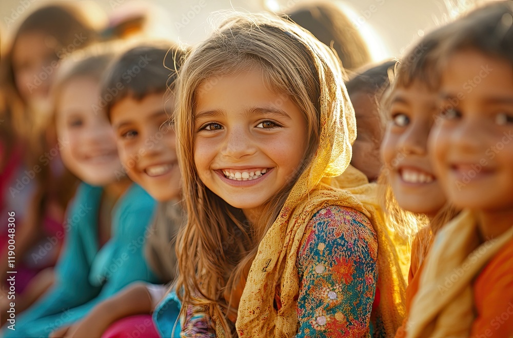 A group of multiethnic children, smiling and laughing together in the sun on an outdoor playground A group of multiethnic children, smiling and laughing together in the sun on an outdoor playground